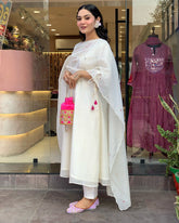 YAMINI WHITE COLOURED  WOMEN'S CHANDERI SILK EMBROIDERED  KURTA WITH PANT DUPATTA SET